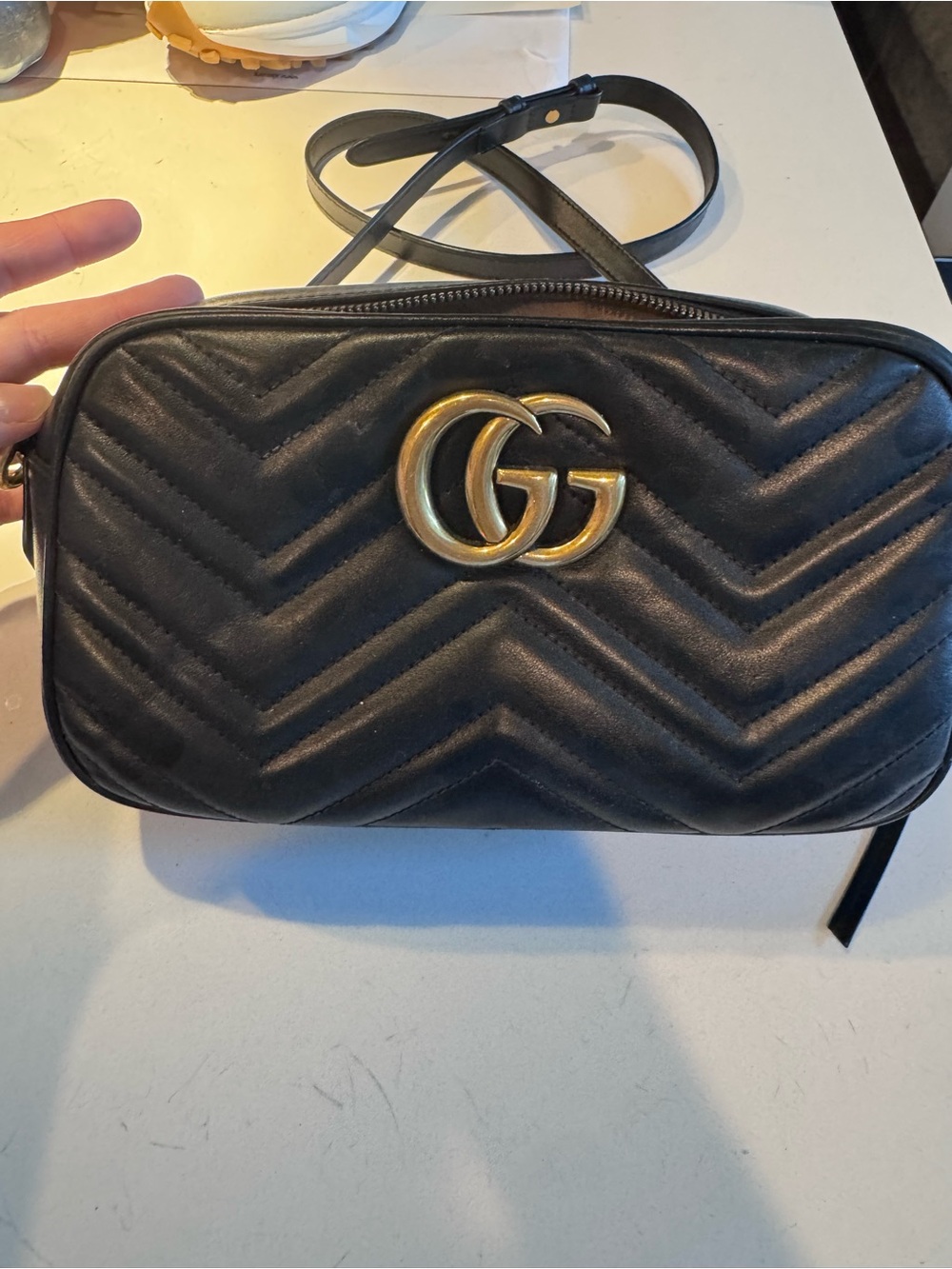 Gucci Black GG Marmont Chevron Crossbody Camera Bag with Gold Hardware